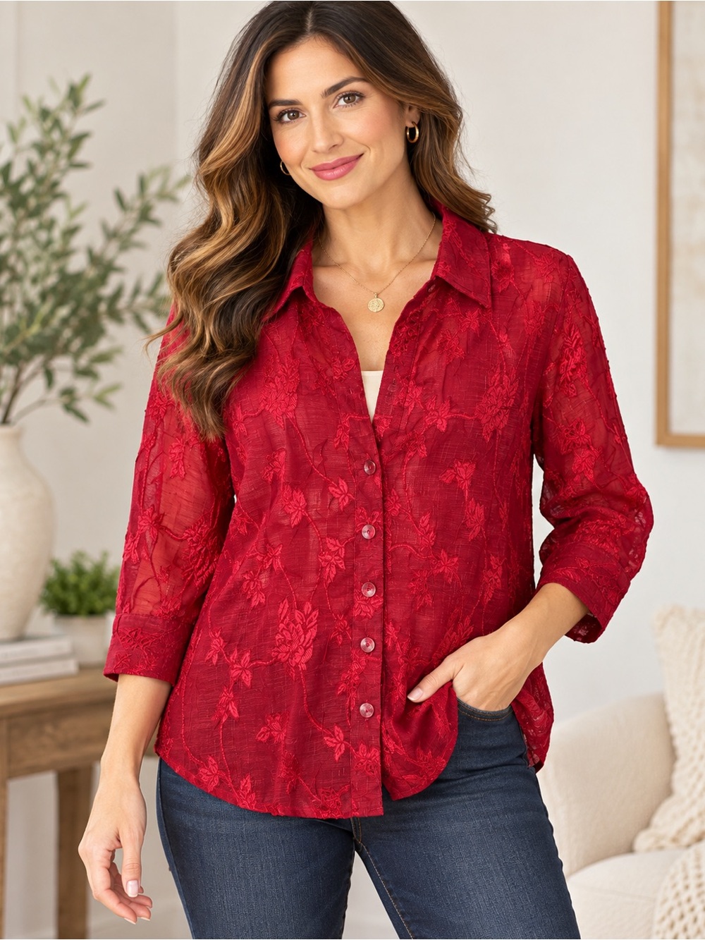 Coldwater Creek Red Embroidered Floral Sheer Button Down Blouse M
